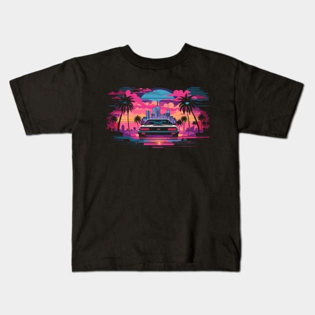 Synthwave Cityscape with Car Kids T-Shirt by Nerdlight Shop